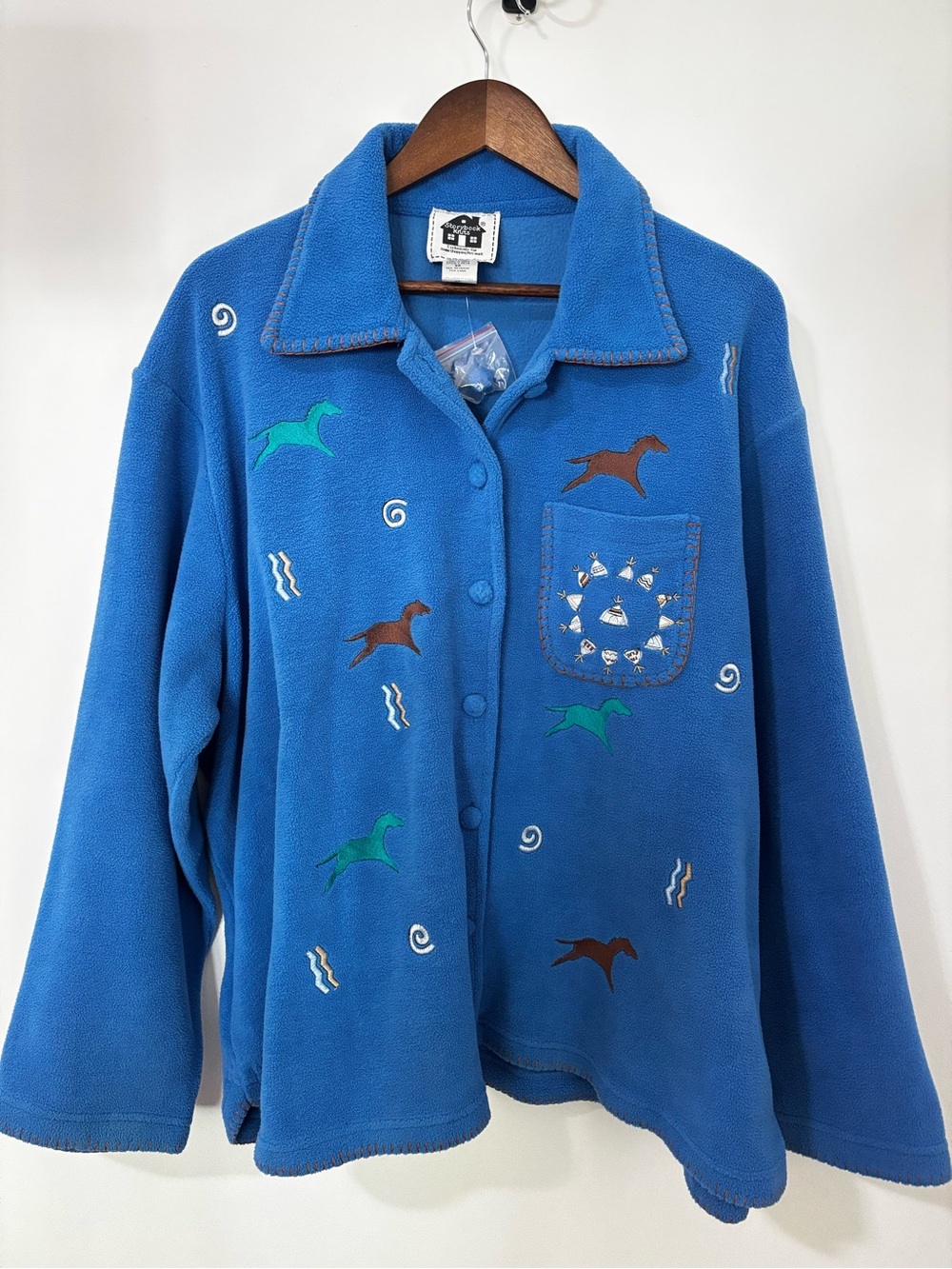 90s Storybook Knits 2X Blue Horse Embroidered Southwestern Fleece Jacket NWT